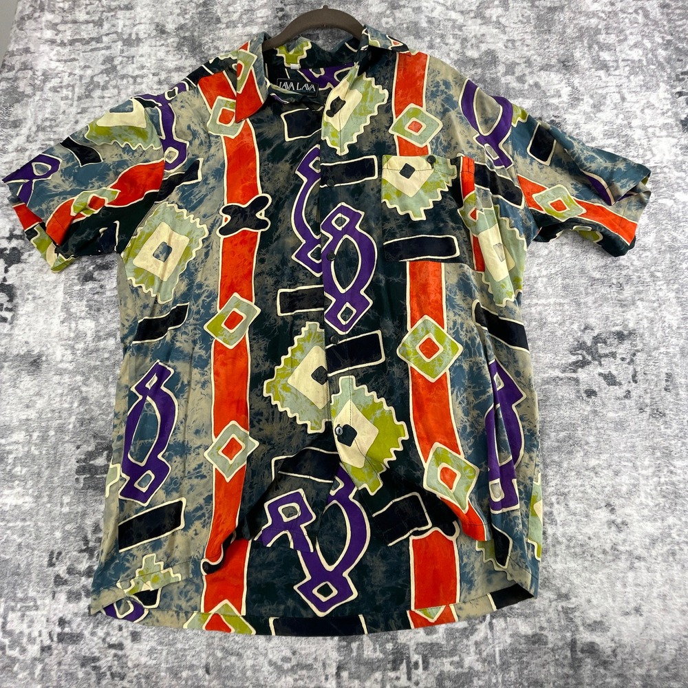 Vtg Java Lava Mens L Resort Shirt‎ 90s Psychedelic Abstract Batik Rayon Multi